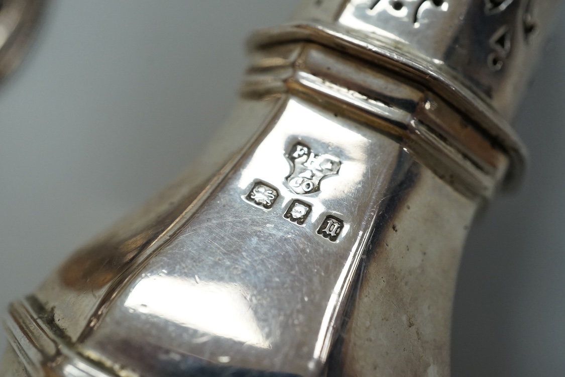 A George II silver pepperette, possibly by Joseph Sanders, London, 1739, 13cm, together with a George V silver pepperette.